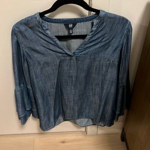 denim Gap blouse three quarter ruffle sleeve